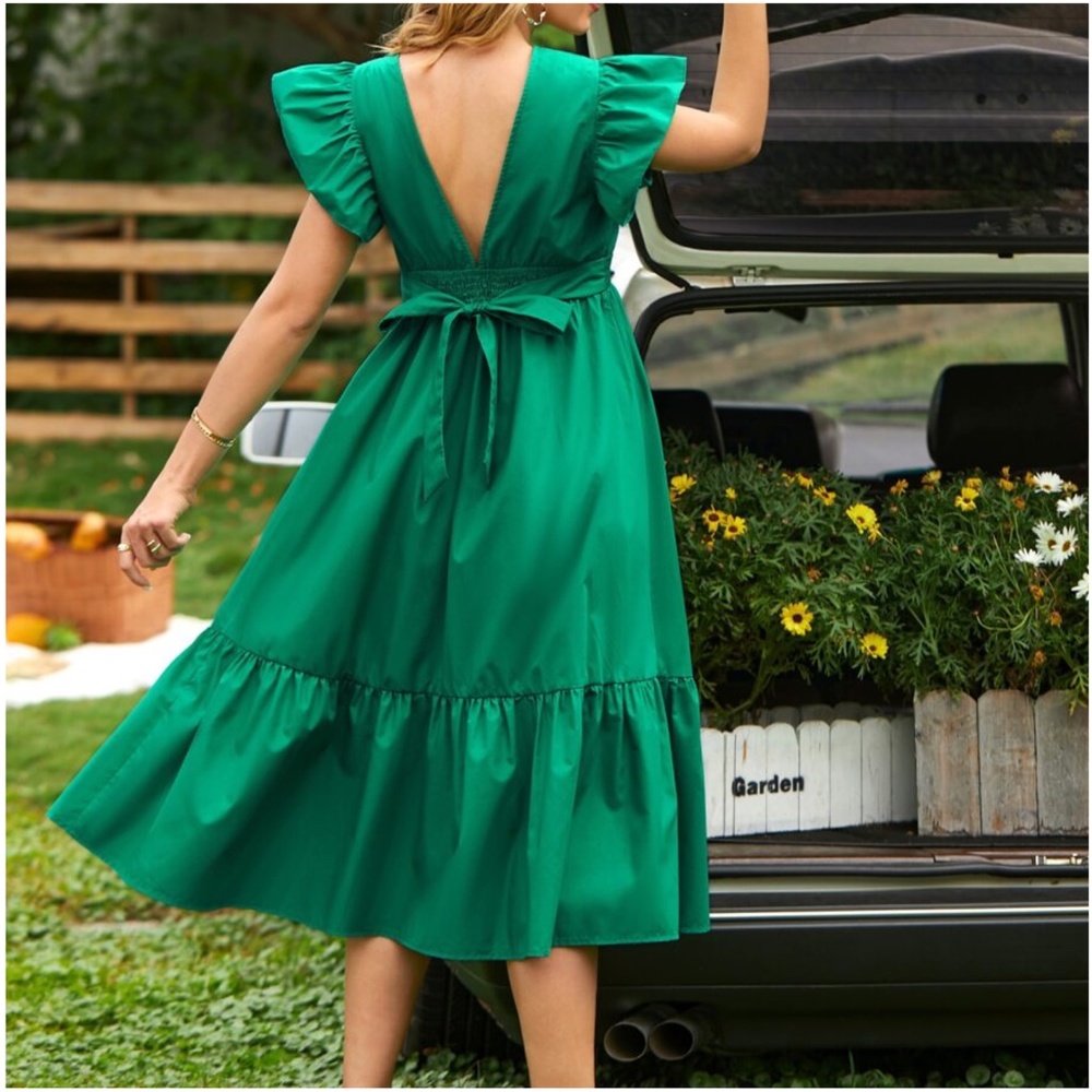 Maternity Green Ruffle Sleeve Ruffle Dress - Picture 1 of 4